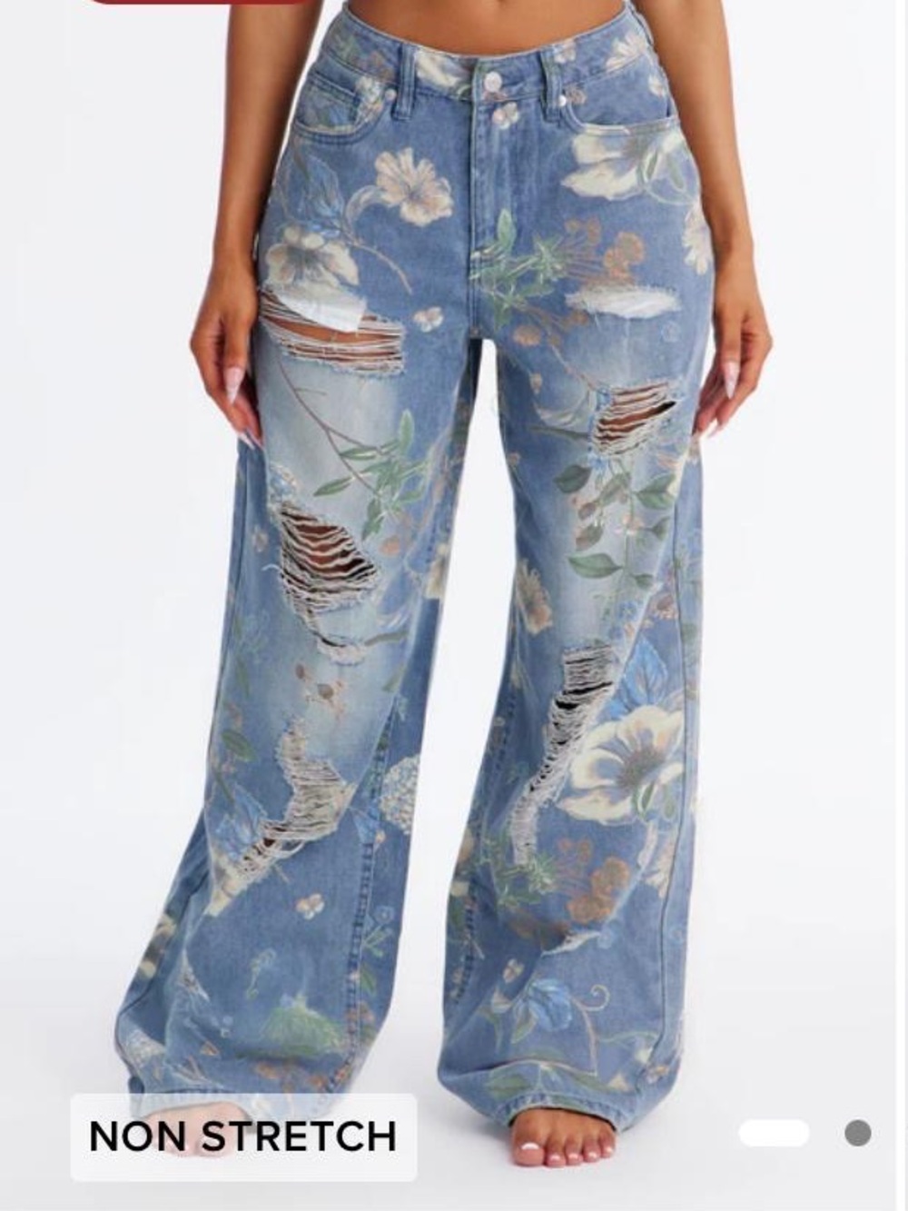Floral Distressed Wide Leg Jeans - Light Blue